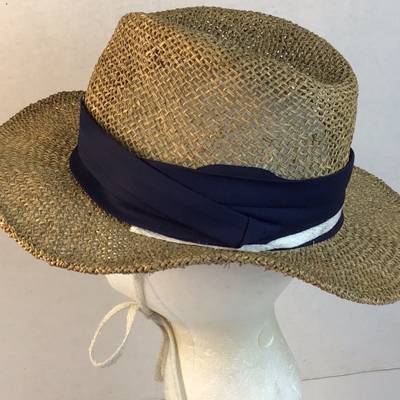 The Cap Seagrass Woven Sun Hat With Navy Band And Removable White Chin Strap - Picture 3 of 4